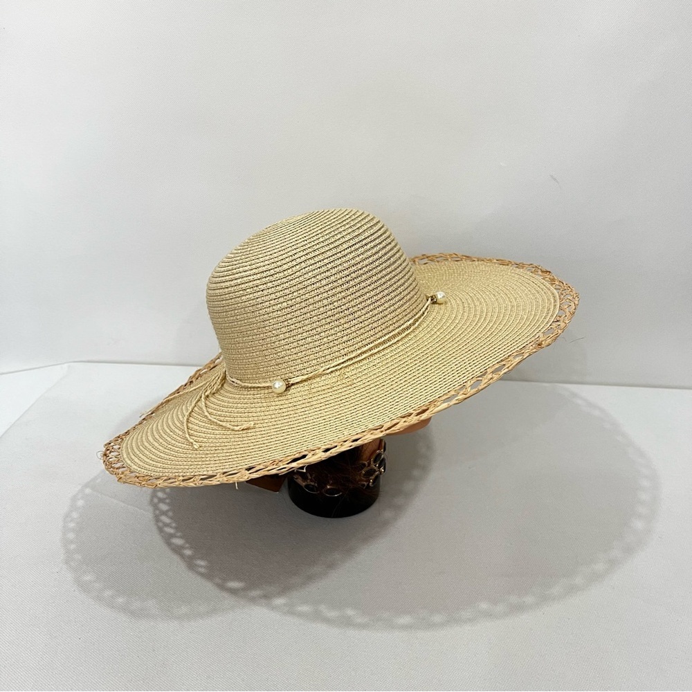 Sun Hat Faux Pearls Details Around Packable Tan Light Brown - Picture 4 of 9